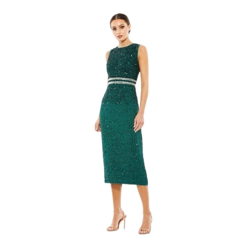 Mac Duggal Sleeveless High Neck Beaded Midi Sheath Dress in Emerald NWT